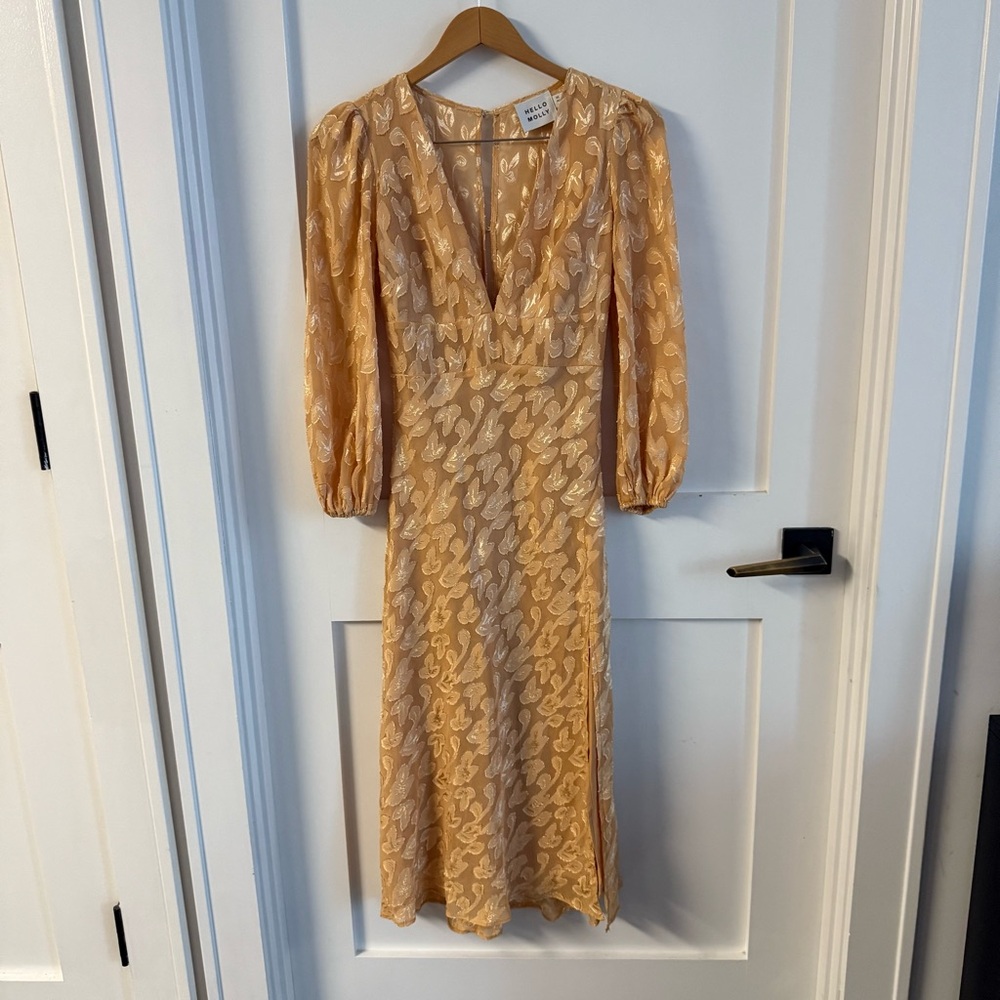 Gold yellow floral clipped chiffon woven long sleeve midi dress